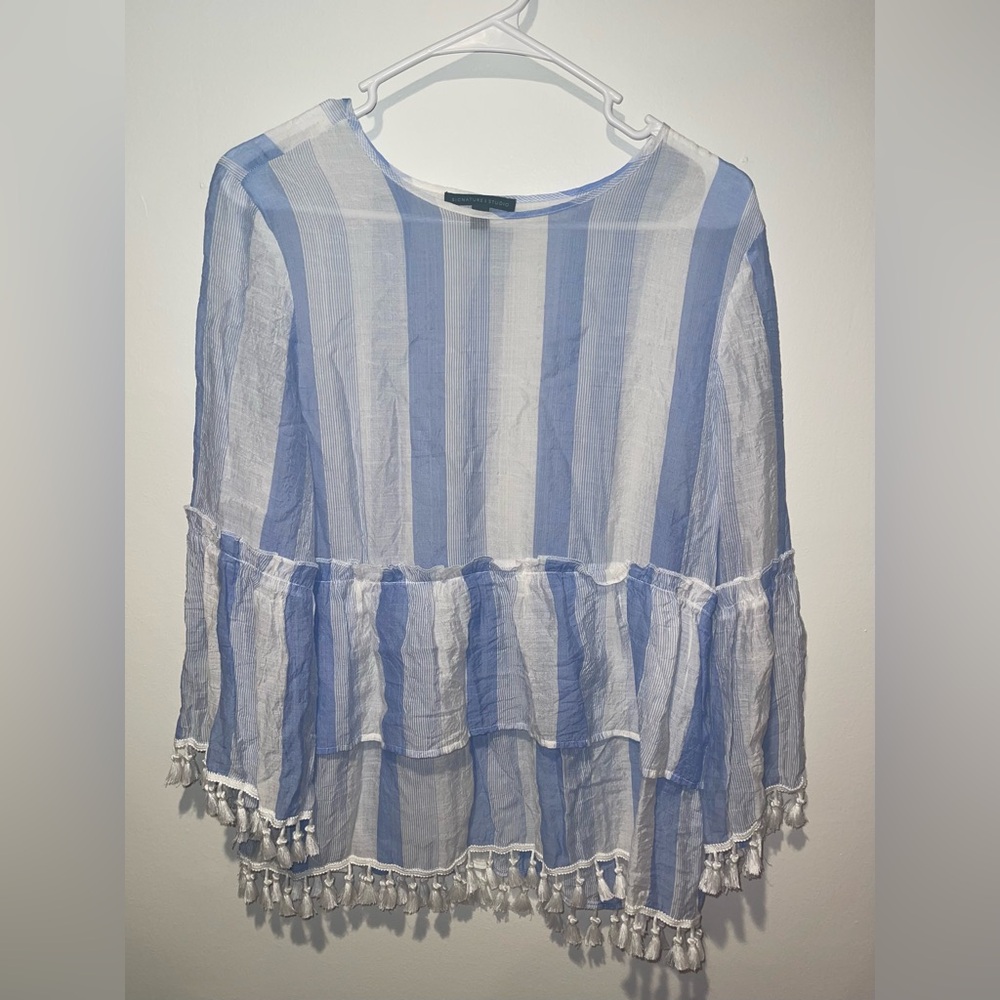 Signature Studio Blue and White Striped Boho Blouse with Tassels Size Large